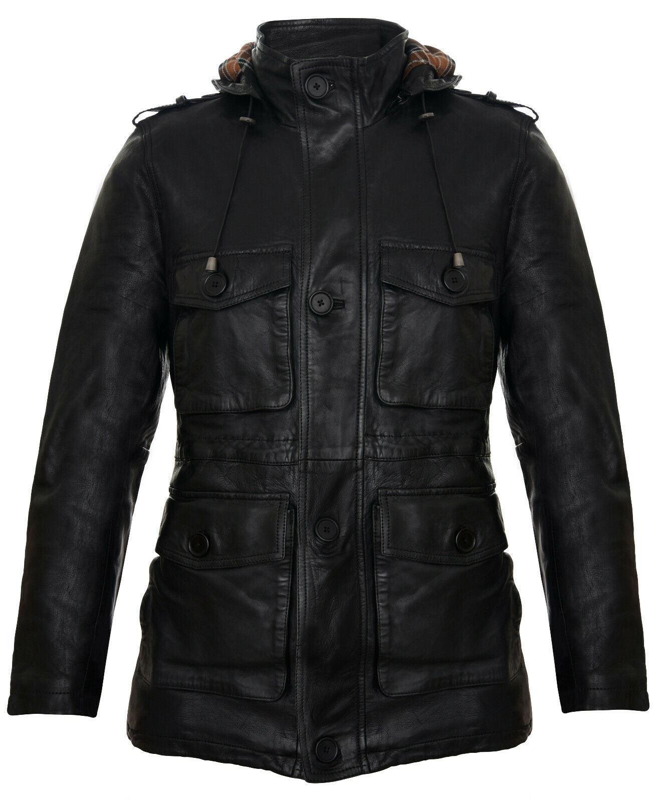 Leren trenchcoat met meerdere zakken en capuchon