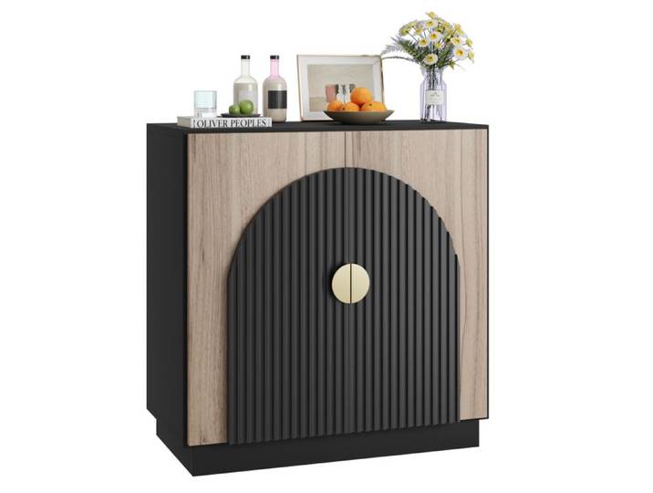 Buffet moderne mi-siècle Portes arquées panneaux rainurés Étagères réglables Rangement modulable élégant Finition noir marron