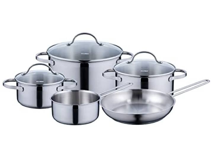 Kelomat, 1921-325, Kochtopfset Lugano, 8-teilig, 3 Fleischtöpfe, 1 Stielkasserolle, 1 Bratpfanne, 3 Glasdeckel
