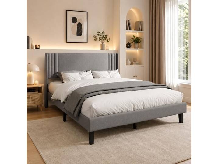 Lit capitonné 160×200 cm tête de lit rembourrée lit double rangement sous le lit cadre de lit 160×200 sommier à lattes Gris