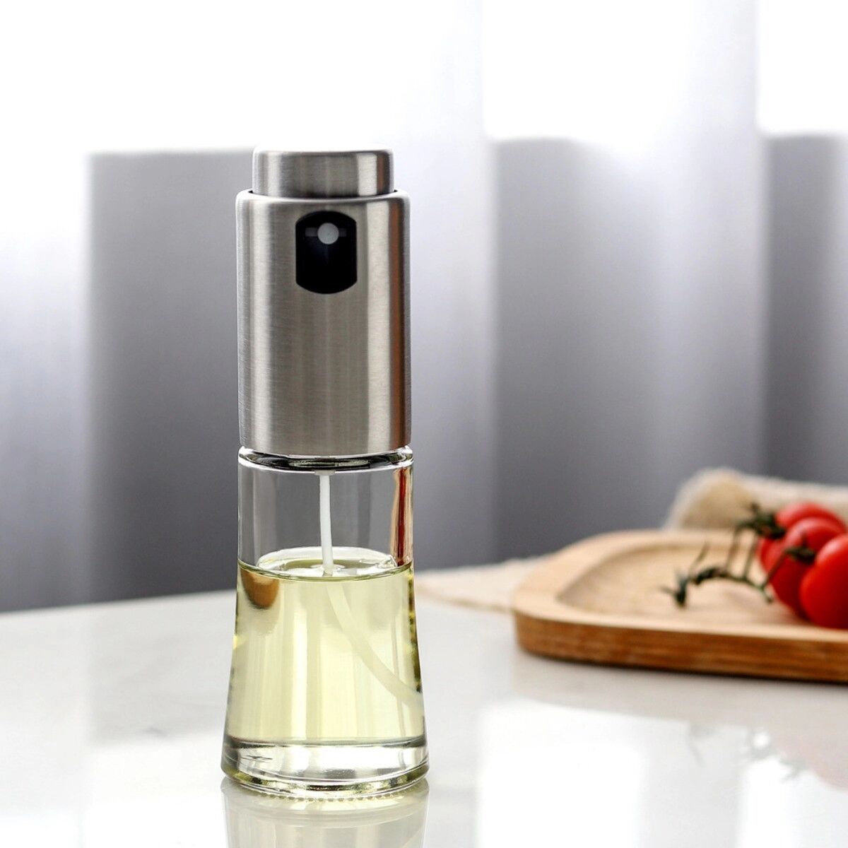 INF 70ml Olivenöl-Sprüher – Edelstahl+Glas, druckbeaufschlagte Zerstäubungsflasche, Silber, nachfüllbar für Heißluftfritteuse &