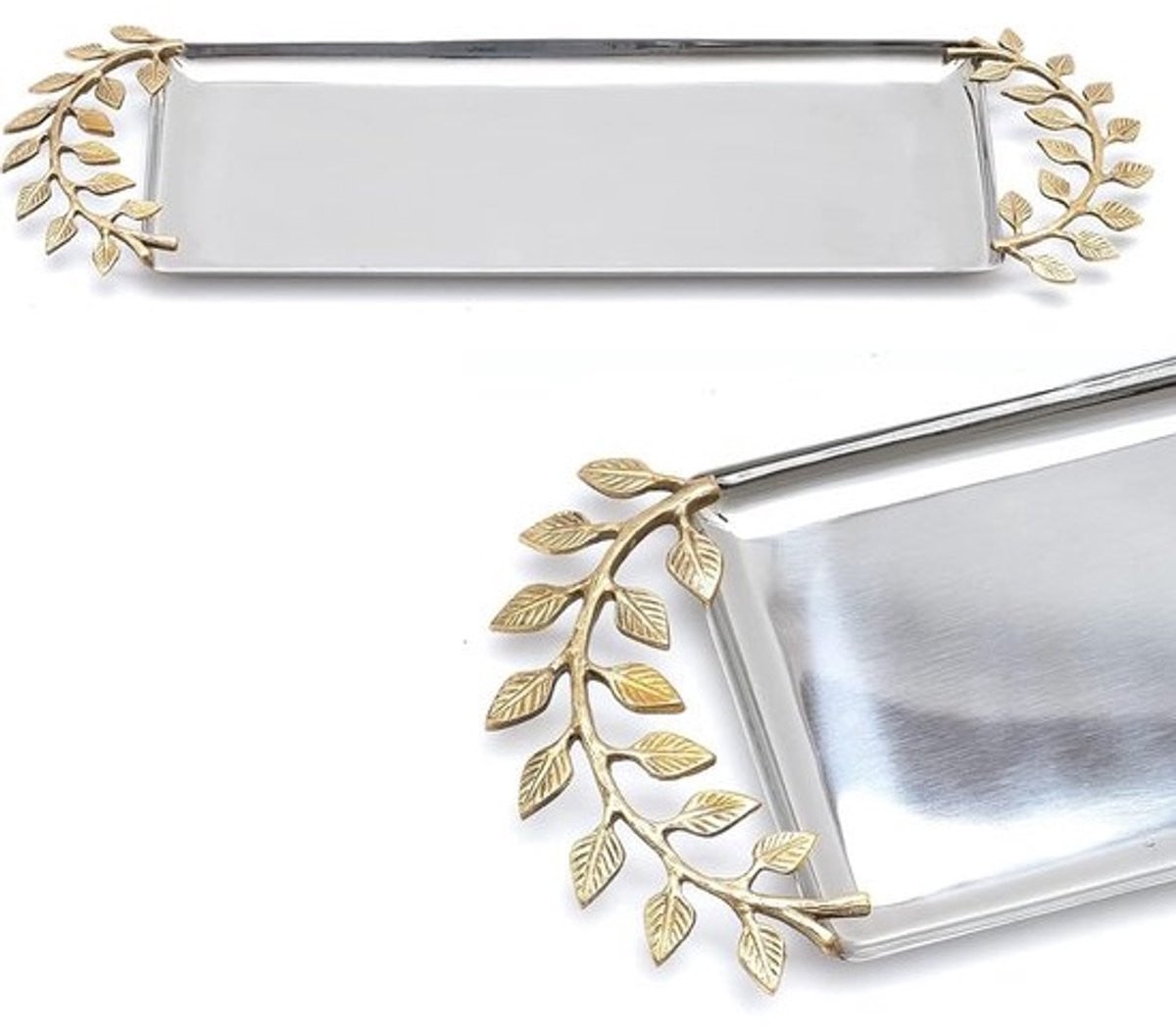 Lange Ovale Serveerschaal Zilvermetalen Dienblad met Gouden Bladaccenten voor Decoratie