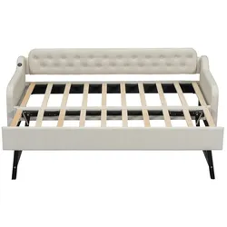 MODFU Schlafsofa Leinen Beige 90x200 cm mit Ausziehbett und USB-Anschluss