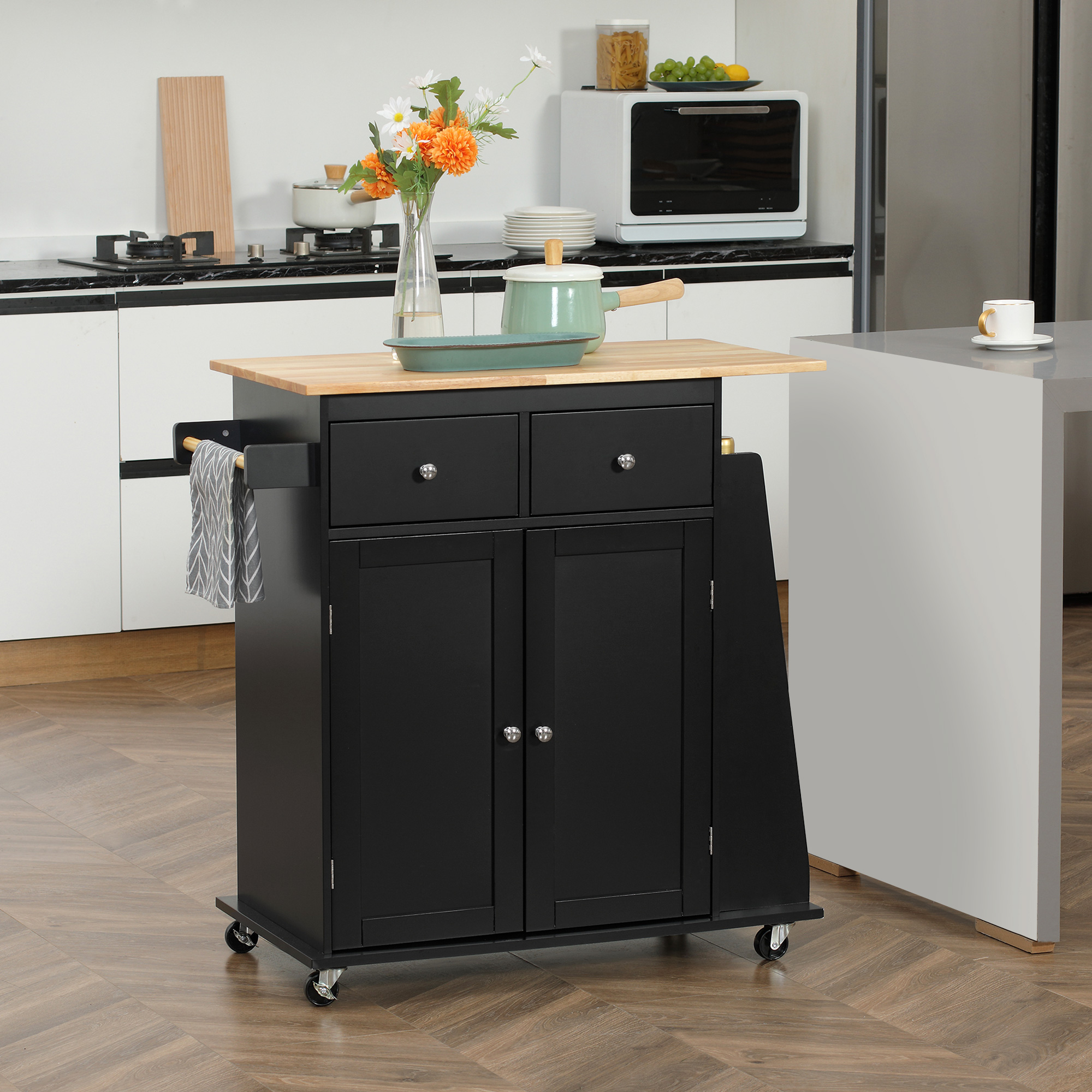 Homcom Carrello da Cucina con Armadietto, 2 Cassetti e Portaspezie, Isola da Cucina in Legno, 89x45x89.5cm, Nero