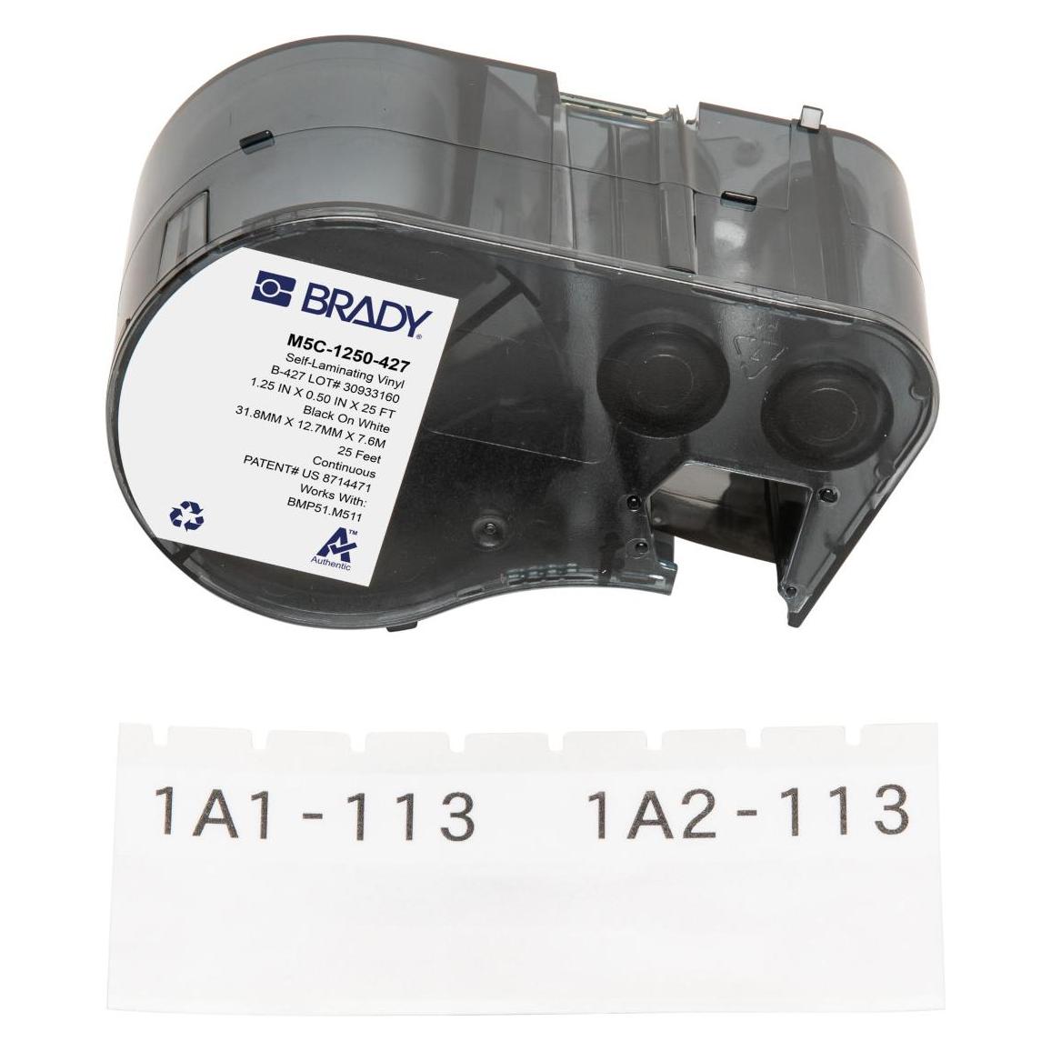 Brady M5C-1250-427, selbstlaminierendes Vinyl, Schwarz auf weiss/Transparent, 31.75 mm x 7.62 m, pe (31.75 mm) (M5C-1250-427)