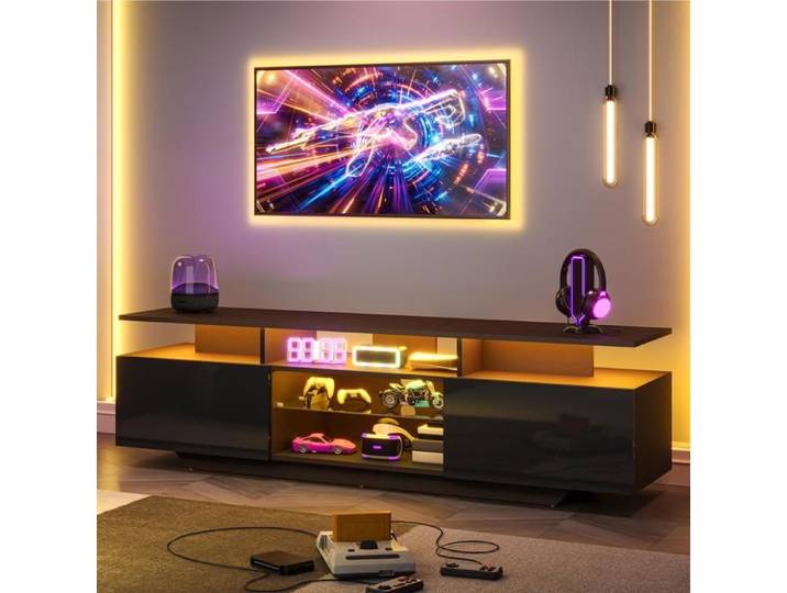 Meuble TV LED Noir Brillant Moderne - 160x40x45cm Avec 2 Grandes Portes et Étagères en Verre Trempé
