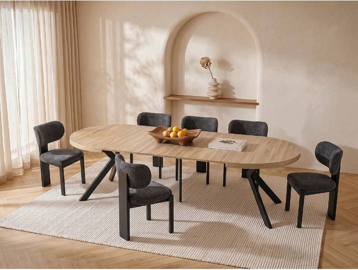 Esstisch - ausziehbar - 6 bis 12 Personen - MDF & Stahl - Helles Holz & Schwarz - KOMONI