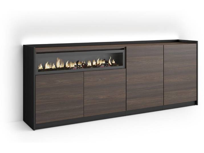 SOKKEL Buffet effet bois de chêne et noir 207x37x80cm cheminée effet feu