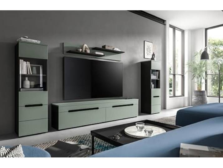 möbelando freiraum Wohnkombination Canu – Moderne Wohnwand mit 2 Vitrinen & Lowboard, 272 cm, Smoke Green/Basalt Grau, FSC®-Zertifiziert
