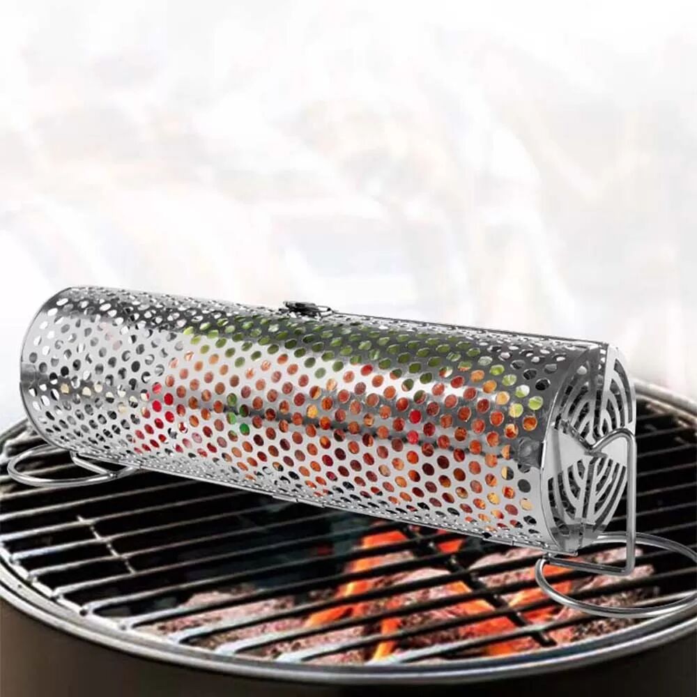 INF Kleiner Drehbarer Grillkorb aus Edelstahl mit 360° Rotation und Aufklappbarem Design für Outdoor-Grillen