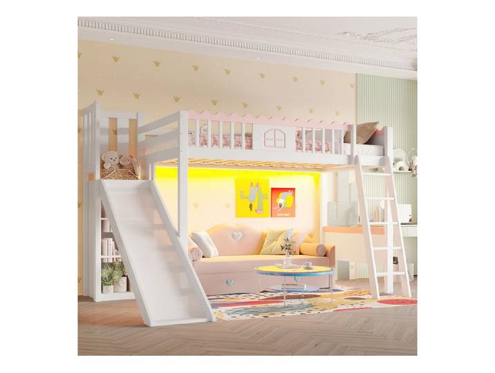 Flieks Hochbett Kinderbett Einzelbett 90x200cm mit LED-Leiste, Rutsche mit Regale