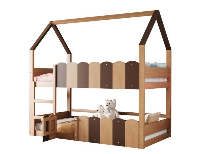 Okwish Etagenbett 90/200 cm multifunktional Hausdesign Holzfarbe mit erhöhten Sicherheitsgeländern, Naturfarben, 90x200 cm, Babymöbel & Kindermöbel, Kinderzimmer & Jugendzimmer, Stockbetten