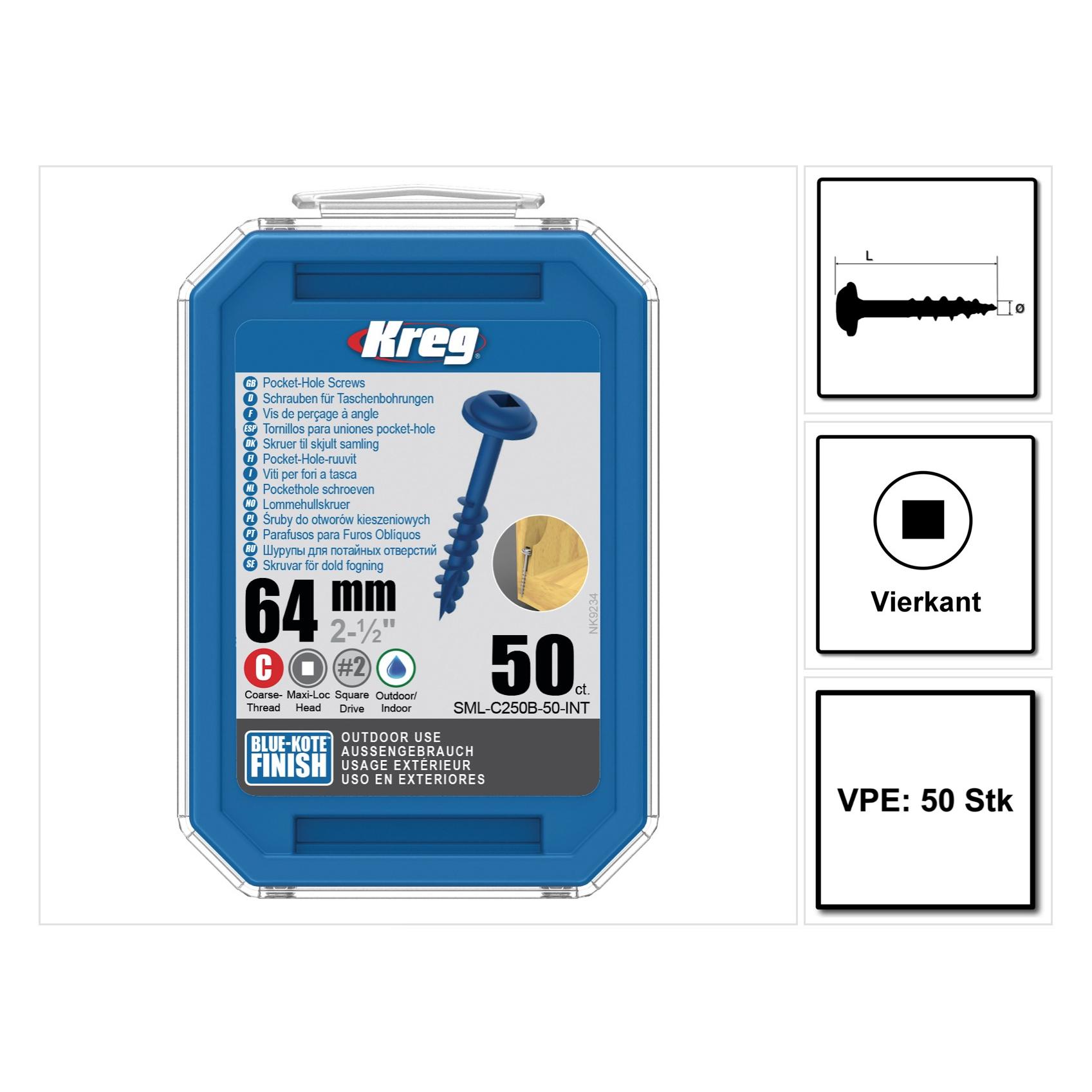 Kreg Pocket-Hole Linsenkopfschraube 64 mm 50 Stk. outdoor ( SML-C250B-50 ) Vierkantantrieb Teilgewin (SML-C250B-50-INT)