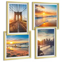 BILDER SET 4er Set - 50x50 cm & 40x60 cm Goldrahmen - Brücken, Sonnenuntergänge, Stadt