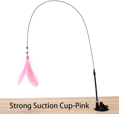 Inspire Picks Hands Free Suction Cup Feather Wand Interactive Cat Toy strong Suction Pink