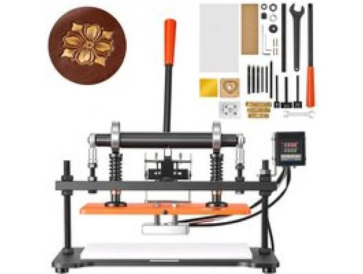VEVOR Beheizte Lederschneidemaschine 360​​x260 mm Lederdruckmaschine 500 W, für Lederprägen & Stanzen, 1,5 Tonnen Druck, 12 mm Hub, Zwei Führungswellen, 26 Kupferbuchstabenstempel & 50 Heißprägefolien