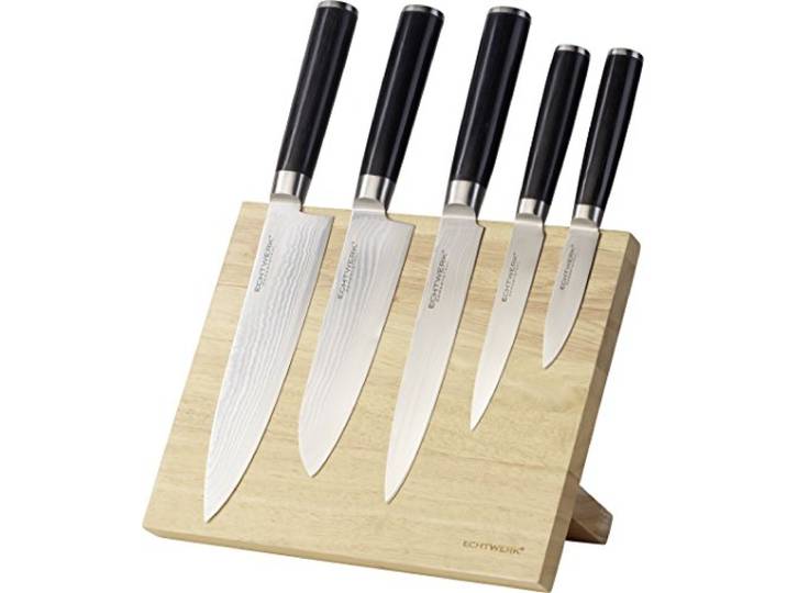 ECHTWERK Damastmesser Set 6tlg., Küchenmesser Set, Kochmesser, Santokumesser, Filetiermesser, Universalmesser, Schälmesser, Glattschliff, Messergriffe aus Pakka-Holz, Inkl. Magnet-Messerblock aus Holz