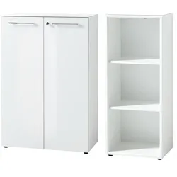 Büro-Set MUENCHEN 2-teilig Weiß   120cm hoch   Kommode x Regal   Glas Front & Abschließbar