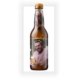 Einladungskarte Geburtstag: Bierflasche mit Fotos in Blau