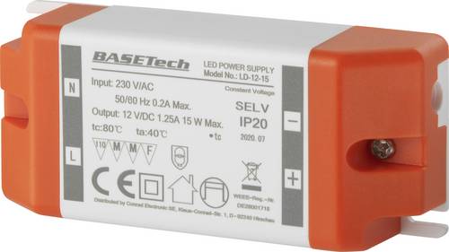 Basetech LD-12-15 LED-Trafo Konstantspannung 15W 1.25A Möbelzulassung, Überspannung, Montage auf entflammbaren Oberflächen 1St.