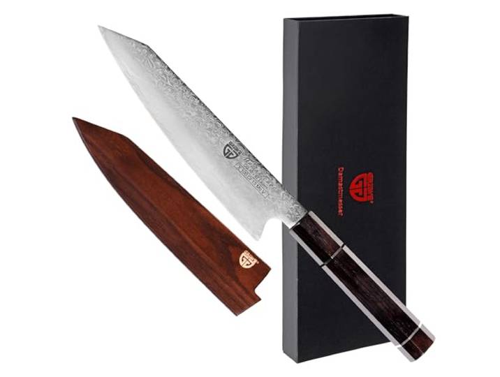 GRÄWE Damastmesser Signature, Großes Messer aus Damaststahl, Super Scharf, Damaszener Santokumesser, Damast Küchenmesser, 35 cm Lang, asiatisches Kochmesser mit Geschenkbox, Brauner Griff