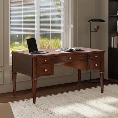 "Dauphin 55"" Solid Wood 5-Drawer Gold Accent Executive Desk"