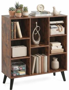 Costway 8-Cube Bookcase with Raised Support Legs for Living Room-Rustic Brown