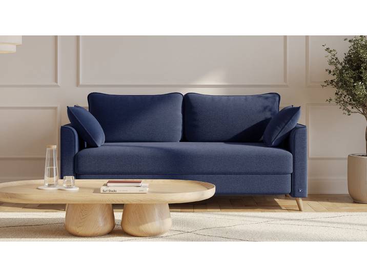 BRUNO Schlafsofa 160cm in Blau Flow stabiles Massivholz & Boxspringkomfort