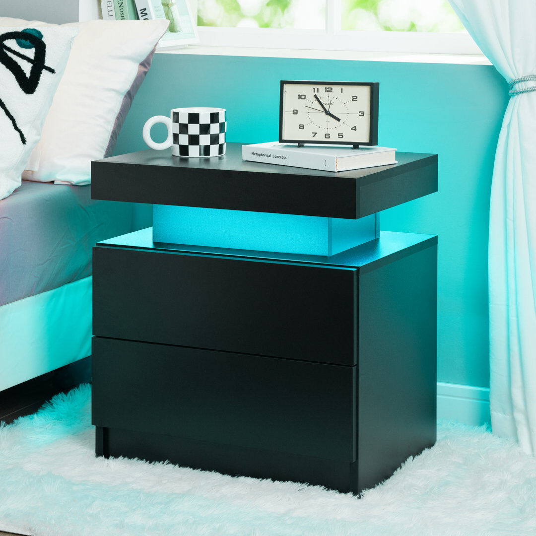 Metro LED Bedside Table with 2 Drawers, Bedside Table with LED Lights for Bedroom Black 35cm H X 49cm W X 52cm D