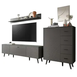 WOHNWAND grau matt 3-teilig 269 cm, Schrankwand mit Struktur