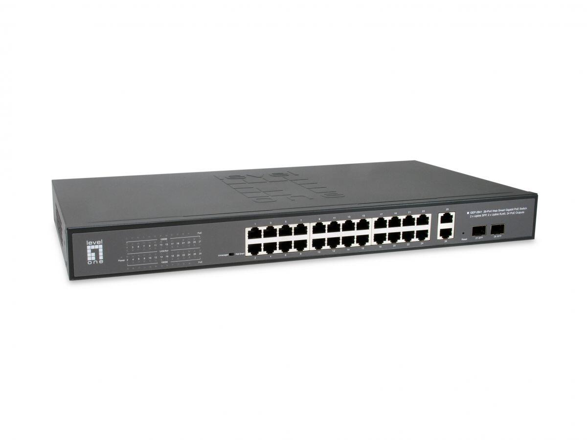 LevelOne Switch Web Smart 28 Gigabit Ethernet-Ports mit 24 PoE-Ports 375W, 2 Uplink Gigabit SFP, 2 Uplink Gigabit Ports GEP-2841