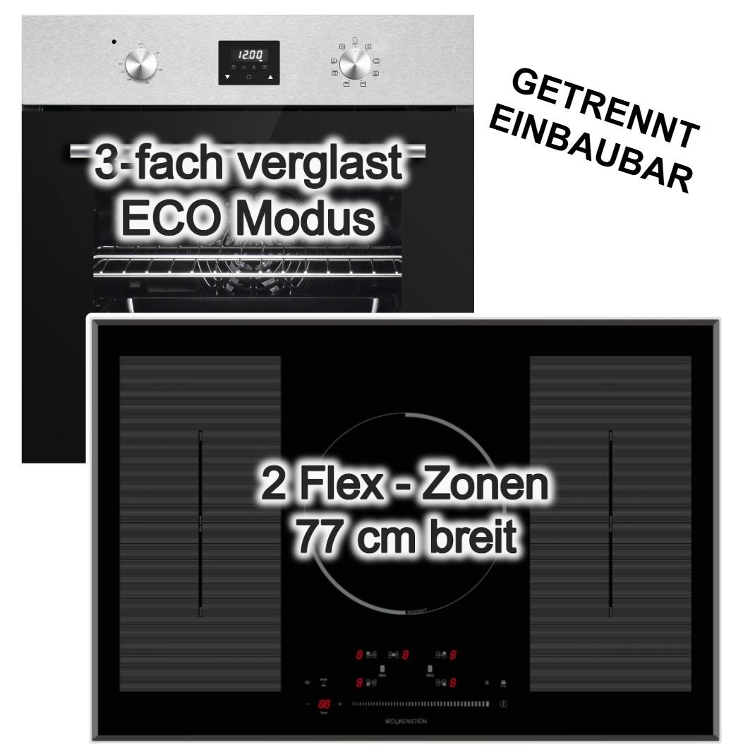 Herdset PKM Einbaubackofen Umluft 8 Funktionen + Wolkenstein Induktionskochfeld 77cm Doppel Flexzonen Touch Control