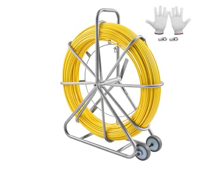 VEVOR Aiguille Électricien 200 m Tire Fils Électrique Fibre de Verre avec Support Acier\, 3 Têtes de Tirage\, Outil d'Extraction de Câble Flexible 8 mm\, pour Murs\, Conduits Électriques\, Non Conducteur