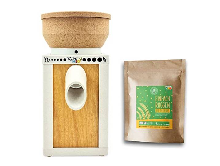 KoMo KoMoMio weiß mit Kork-Trichter + 2,5 kg Bio Roggen Made in Austria Edelkorund und Keramik Mahlstein frisches Mehl
