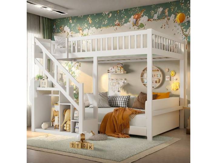 Lit superposé enfant 140x200 lit mezzanine avec escalier de rangement et clôtures 2 places sommiers à lattes Bois de Pin Blanc