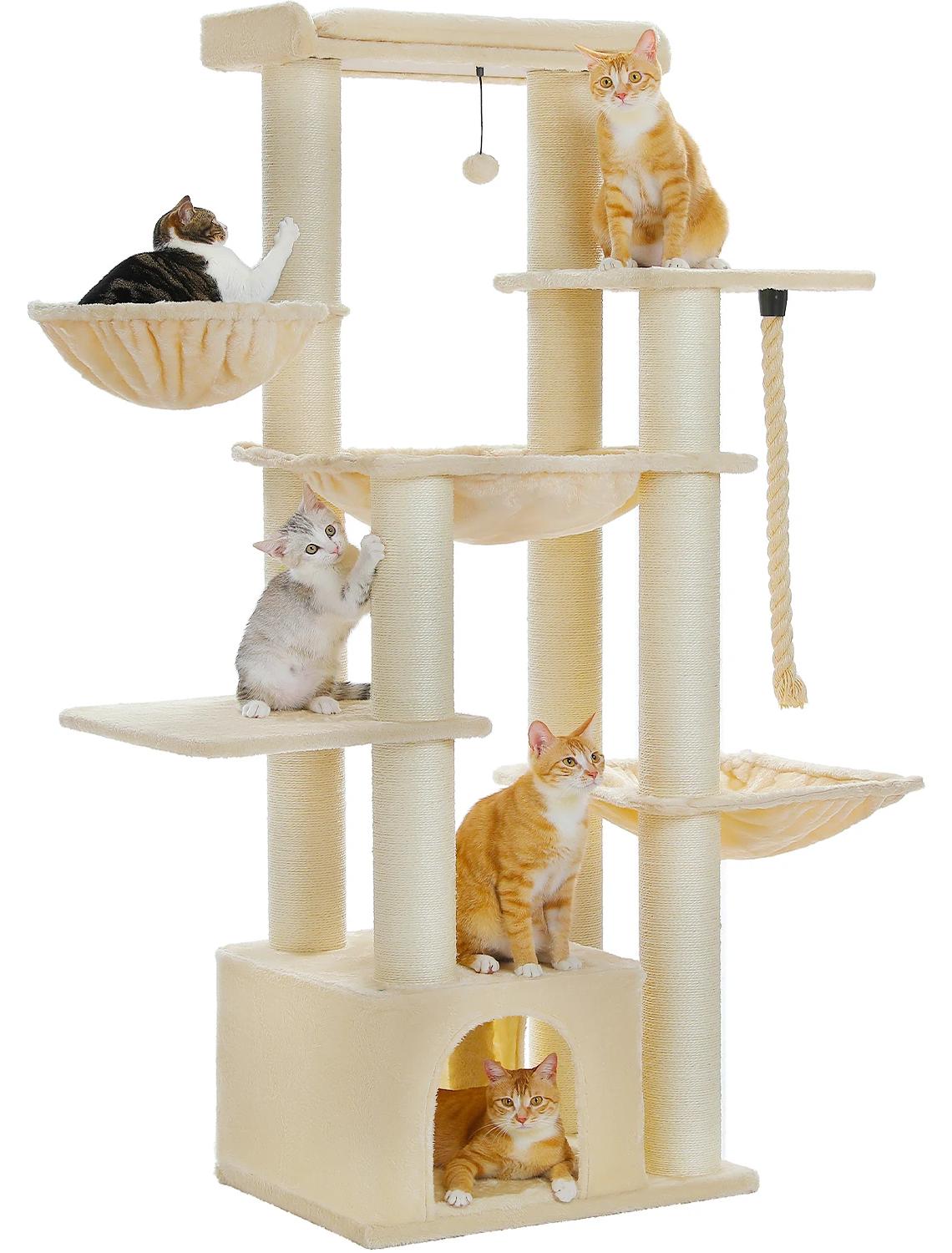 Katzenbaum - AMT0268 Kletterbaum für Katzen - 170 cm Hoch - XL - Fünf Ebenen - Holz - Beige