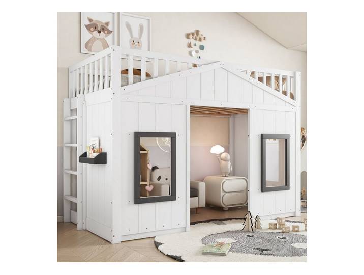 Flieks Hochbett Hausbett Kinderbett 90x200cm mit Fenster, Leiter und Fallschutz