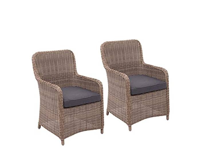 Mendler 2er-Set Poly-Rattan Stuhl HWC-E98 Rattan beige Kissen, grau Rattanstuhl, Gartenstuhl, Korbsessel, Spun, Poly, halbrundes MVG