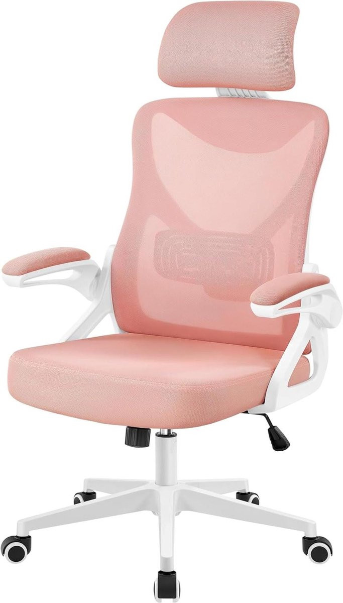 Ergonomische Bureaustoel met Inklapbare Armleuningen - Wit/Roze