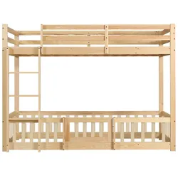 OKWISH Etagenbett aus Holz Natur 90x200 cm, gewerblich geeignet, mit rechtwinkliger 3-Stufen-Treppe, Tür und Absturzsicherung