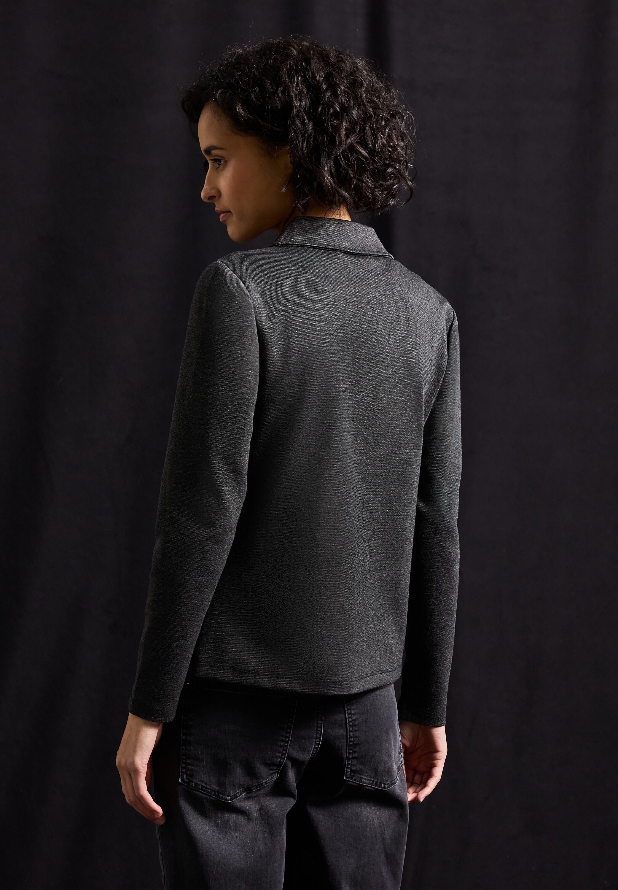 Jackenblazer STREET ONE, Damen, Gr. 34, grün (schwarz), Web, Obermaterial: 84% Polyester, 13% Viskose, 3% Elasthan, meliert, tailliert hüftlang, V-Ausschnitt, Blazer Jackenblazer, mit Reverskragen schwarz 34