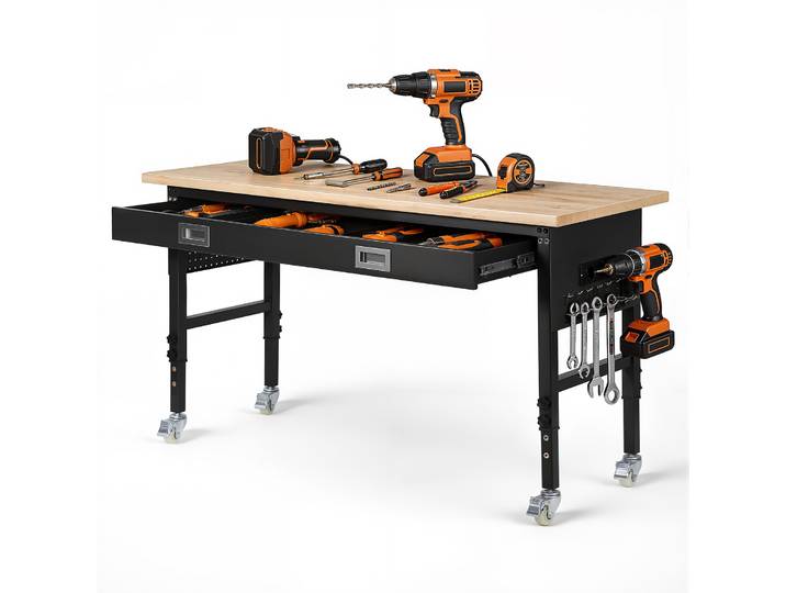 Vevor Etabli Atelier Sur Roulettes 152\,4x61 Cm Etabli Garage Reglable En Hauteur 76-101 Cm Table Travail Charge 680 Kg Pour Bricolage Bureau\, Avec Tiroir\, Prise Electrique\, Plateau Bois Chene Massif