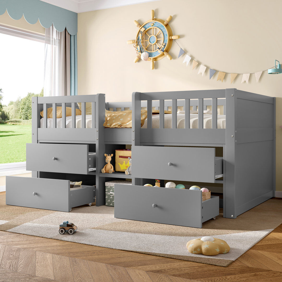 Brayden Studio Kids Loft Bed With 4 Drawers & Stair Storage - Twin Over Full Bunk Bed With Safety Rails Grey