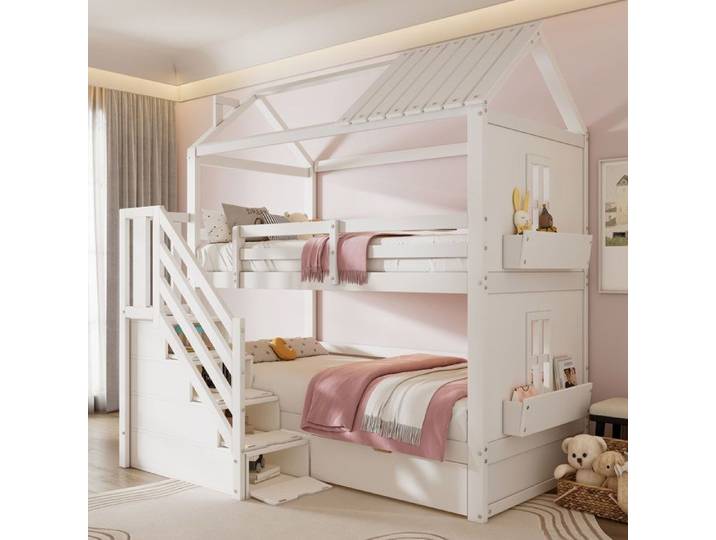 Lit superposé - Modèle 90x200 - Escalier de rangement - Tiroirs et étagères - Pin massif & MDF