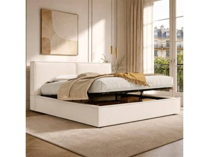 DUlVBPE Polsterbett, Doppelbett,180 x 200cm, hydraulisches Funktionsbett, Bett mit Lattenrost, Kopfteil, gepolstertes Kopfteil, Beige Leinen