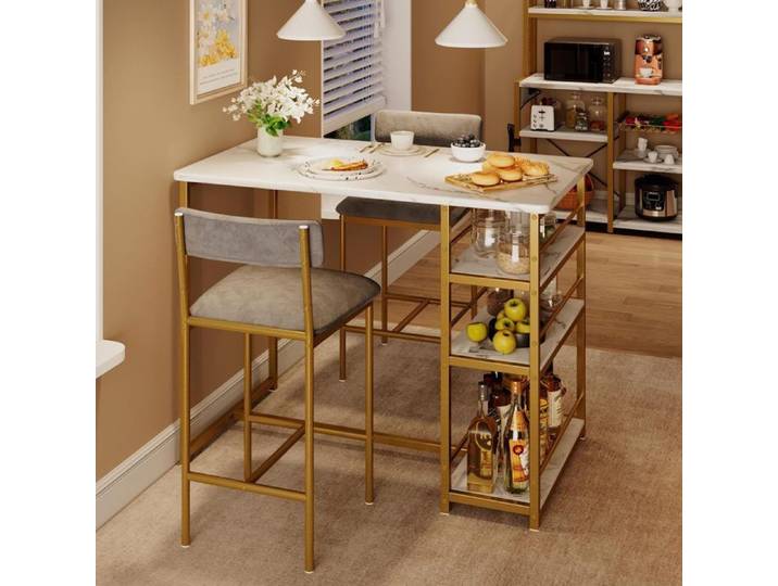 Ensemble Table à Manger 2 Places - PROMIRACAL - Avec 2 Chaises Hautes - 3 Étagères de Rangement - Pour Studio - Doré