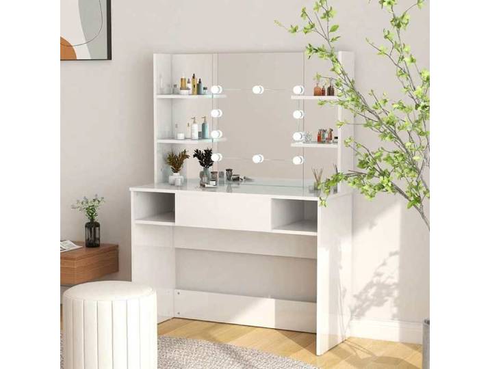 Table maquillage LED MDF blanc brillant éclairage intégré finition laquée meuble beauté design épuré