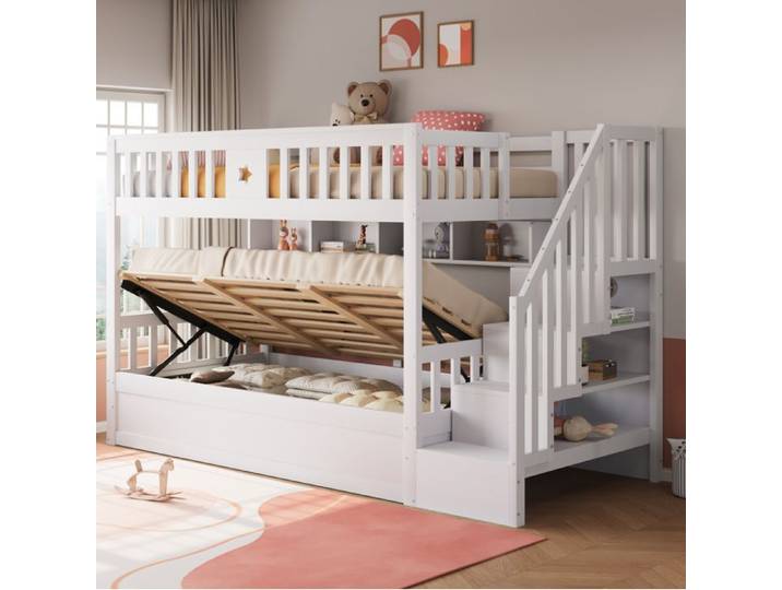 JOINERY lit superposé 90x200 rangement hydraulique escalier étagères bois massif blanc 253x95x151 cm chambre enfant ado