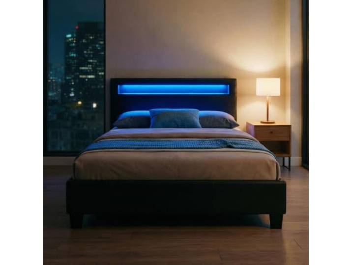 CARO-Möbel Polsterbett MIRASOL 120x200 cm, Schwarz - Einzelbett mit LED Beleuchtung im Kopfteil, inkl. Fernbedienung, Jugendbett aus Kunstleder mit Lattenrost