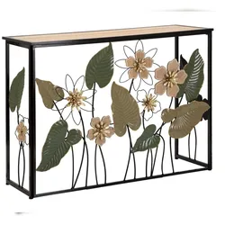 Mauro Ferretti Konsolentisch "Spring", 108 x 36,8 x 80 cm, aus schwarzem Metall mit floralen Verzierungen und brauner Holzplatte – Künstlerischer Boho-Chic-Stil